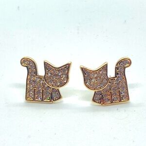 Betsey Johnson Gold Tone Crystal Pave Cat Feline Stud Earrings .6” L x .7” W